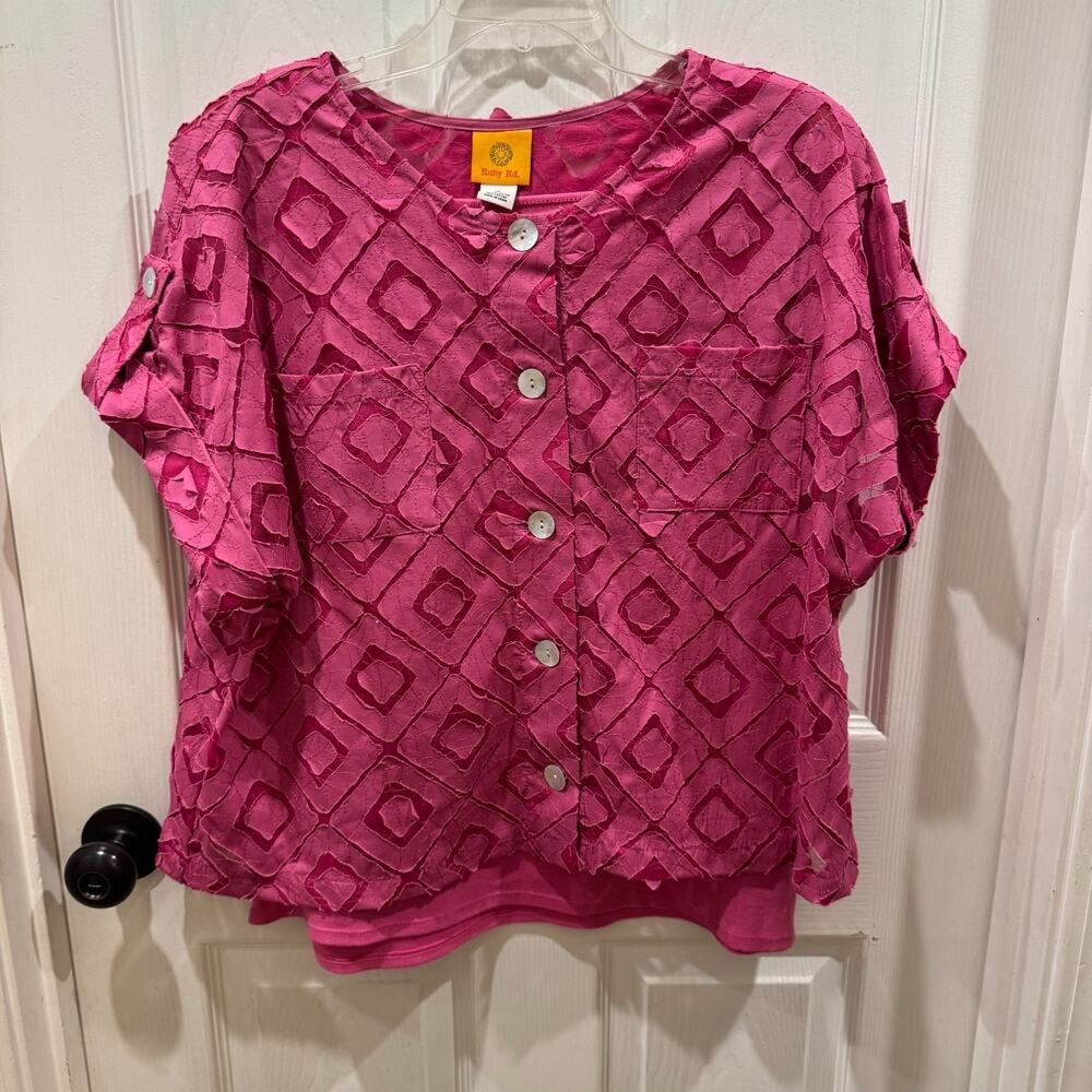 Ruby Rd Fuchsia Button Up Top and Tank Womens 16 XL Eyelet Coastal Cottagecore - Picture 9 of 9